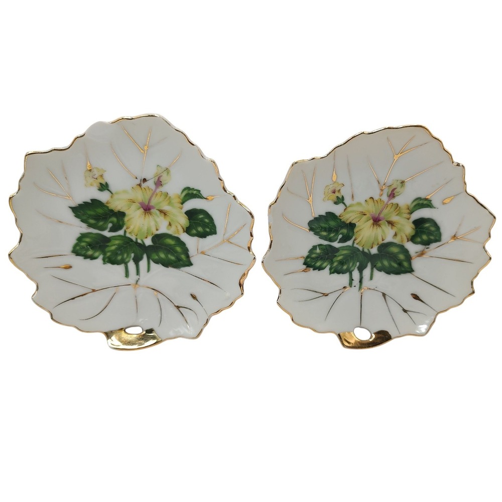 Vintage Nasco Leaf Shaped Plates Yellow Hibiscus Gold Trim Set of‎ Two SEE